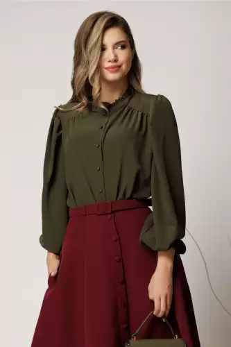 Camasa DY Fashion kaki din voal plin cu guler incretit