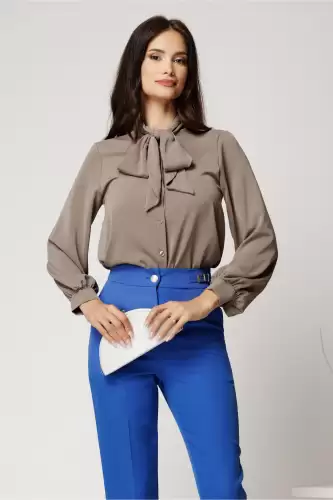 Camasa gri din triplu voal cu guler tip esarfa