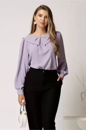 Camasa lila din voal cu guler tip funda si perla