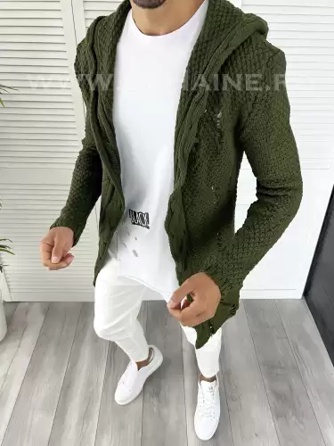 Cardigan barbati kaki cu gluga slim fit ZR T3601 25-4.3