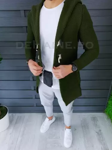 Cardigan barbati kaki cu gluga slim fit ZR T3608 P19-1.2