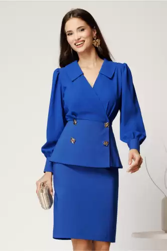 Compleu albastru din stofa cu sacou si fusta