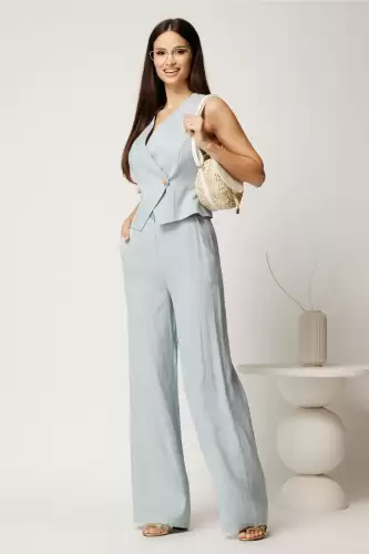 Compleu bleu din viscoza si adaos de in cu vesta cambrata si pantaloni lejeri