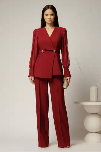 Compleu bordo sacou cu pantalon cu maneci din dantela