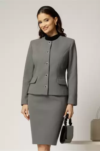 Compleu dama gri sacou si fusta din lana
