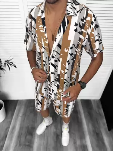 Compleu de vara camasa cu imprimeu + pantaloni maro 13275 Y22