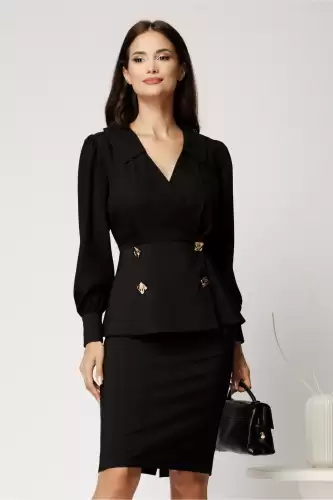 Compleu negru din stofa cu sacou si fusta