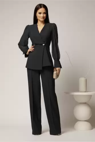 Compleu negru sacou cu pantalon cu maneci din dantela