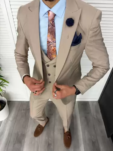 Costum barbati slim fit bej 3 piese 11840 29-5