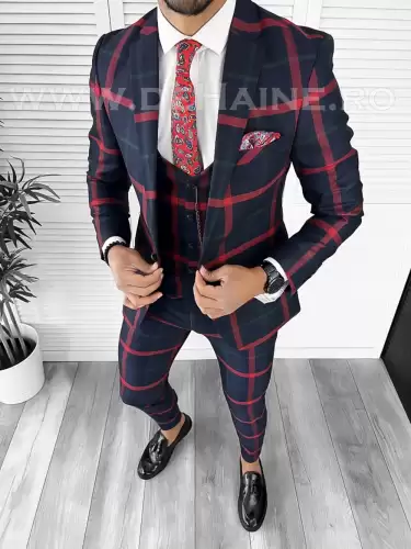 Costum barbati slim fit bleumarin in carouri B7921 92-4