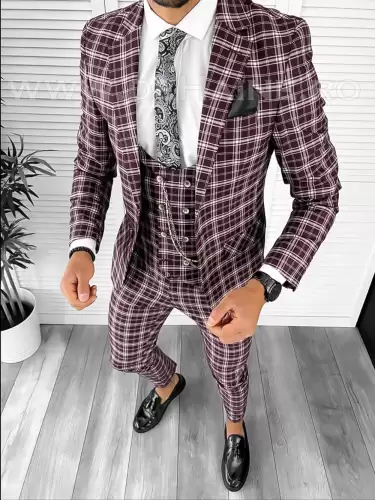 Costum barbati slim fit grena in carouri B7916  6-5