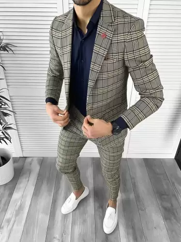 Costum barbati slim fit in carouri sacou + pantaloni 10268 D4-3.1