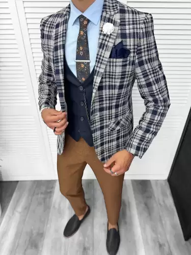 Costum barbati slim fit sacou pantaloni vesta cravata batista 13202