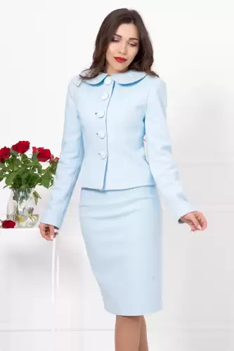 Costum dama elegant bleu cu flori brodate