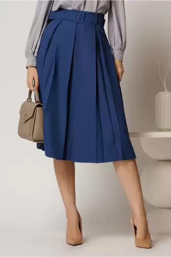 Fusta DY Fashion albastra in clos cu pliuri ample si curea in talie