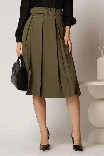 Fusta DY Fashion kaki in clos cu pliuri ample si curea in talie