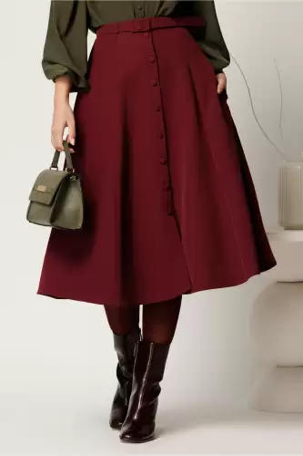 Fusta DY Fashion midi bordo cu nasturi si curea in talie