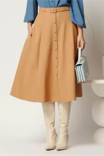 Fusta DY Fashion midi camel cu nasturi si curea in talie