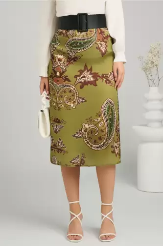 Fusta DY Fashion midi din satin verde fistic cu imprimeu maro