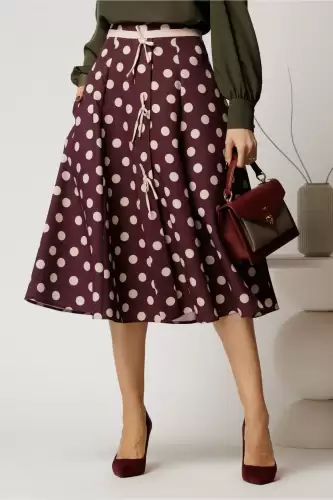 Fusta DY Fashion midi magenta cu buline si fundite in contrast