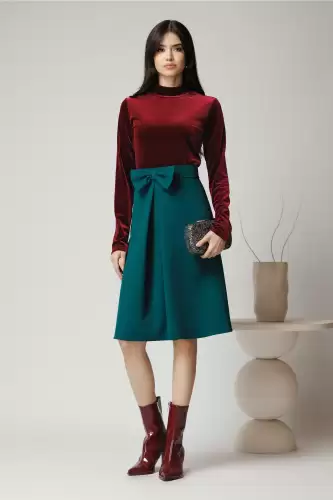 Fusta DY Fashion midi office din stofa verde cu funda si pliu pe talie