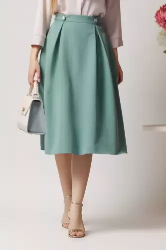 Fusta DY Fashion midi office din stofa verde cu nasturi pe talie