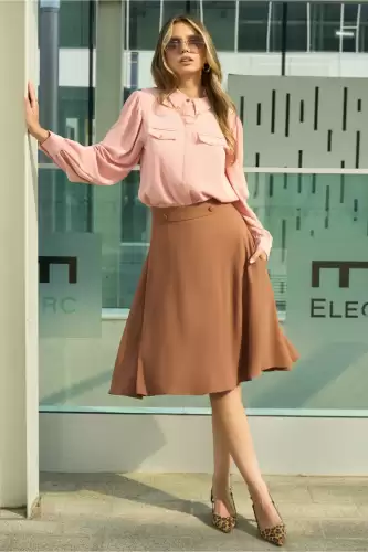 Fusta DY Fashion midi office din triplu voal maro cu nasturi pe talie