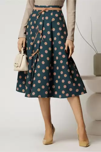 Fusta DY Fashion midi turcoaz cu buline si fundite in contrast