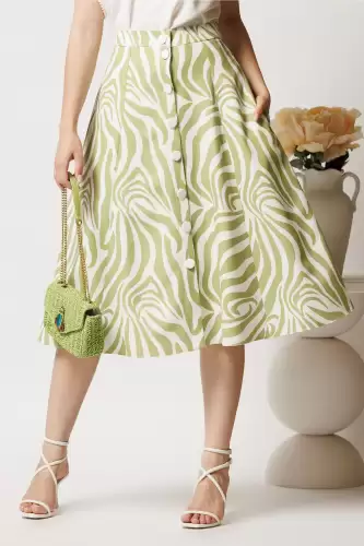 Fusta DY Fashion midi verde olive cu imprimeu in clos cu nasturi