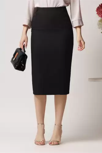 Fusta LaDonna midi office din stofa neagra cu nasturi decorativi