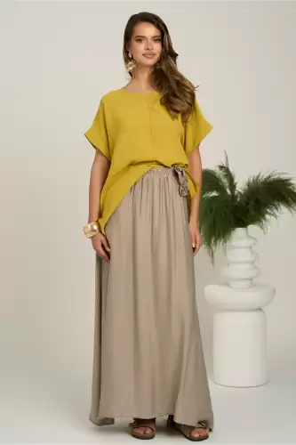 Fusta lunga bej in clos din viscoza cu floare in talie