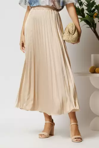 Fusta lunga ivory din satin cu pliuri