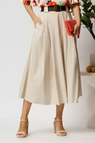 Fusta midi bej din bumbac in clos cu pliuri si curea in talie