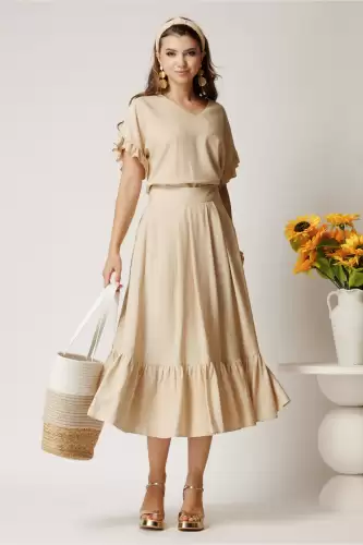 Fusta midi bej din rayon in clos cu volan la baza