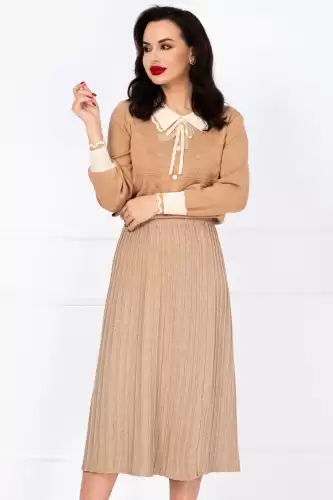 Fusta midi bej din tricot cu talie elastica