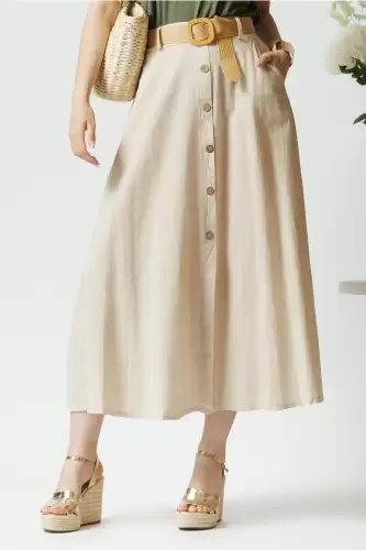 Fusta midi casual din in bej cu nasturi si curea