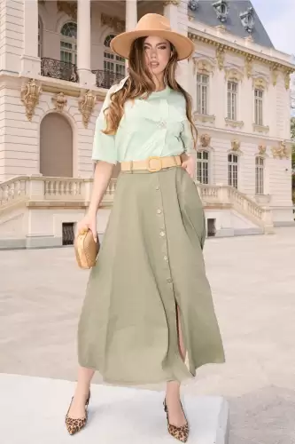 Fusta midi casual din in kaki cu nasturi si curea