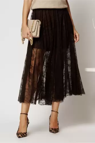 Fusta midi maro in clos din dantela cu elastic in talie