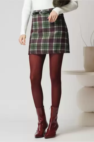 Fusta scurta casual din stofa magenta cu carouri verzi si curea in talie