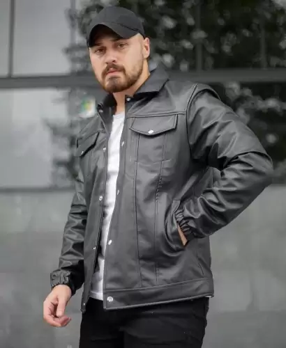 Geaca barbati neagra piele ecologica 12204  T13-1