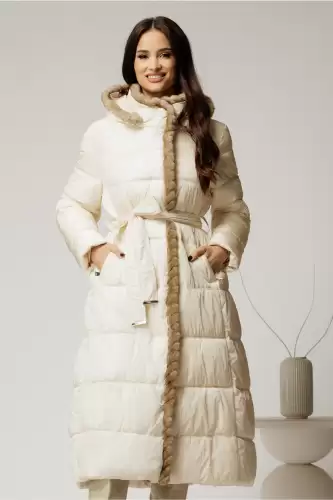 Geaca dama ivory lunga cu gluga detasabila si blanita