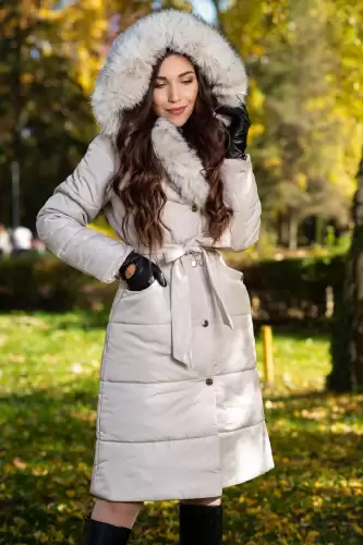 Geaca dama lunga crem Madeleine cu gluga si blanita
