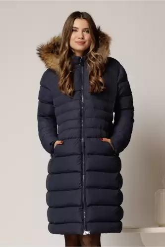 Geaca dama midi bleumarin din fas cu gluga detasabila