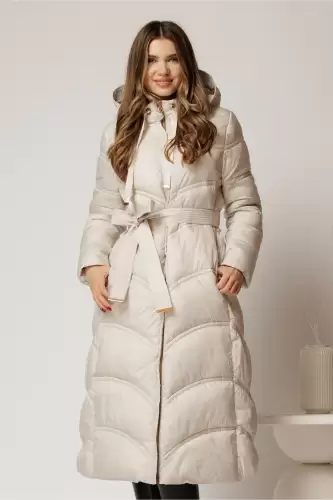 Geaca dama midi ivoar din fas cu gluga detasabila