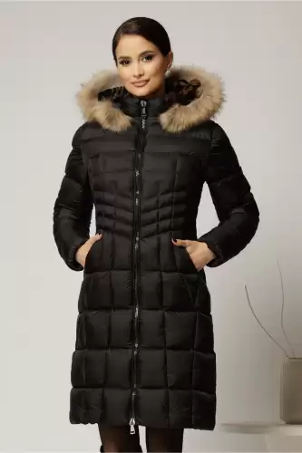 Geaca dama midi neagra cu gluga detsabila cu blanita