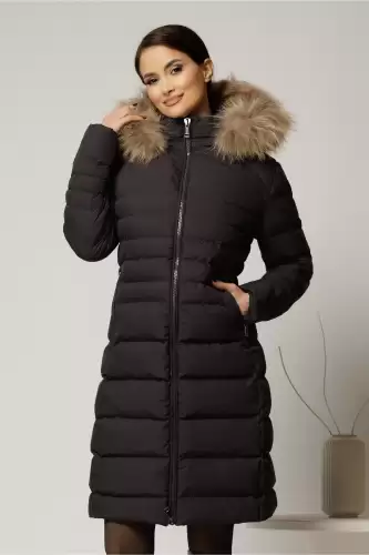 Geaca dama midi neagra din fas cu gluga detasabila