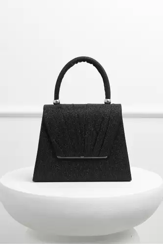 Gentuta neagra din glitter cu detalii plisate si maner rotund