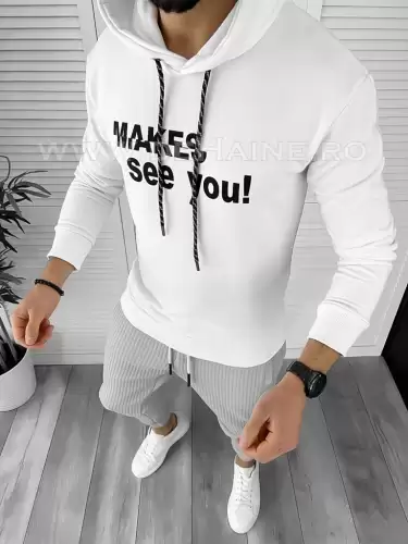 Hanorac barbati alb slim fit cu imprimeu pe spate K054 P19-5.2