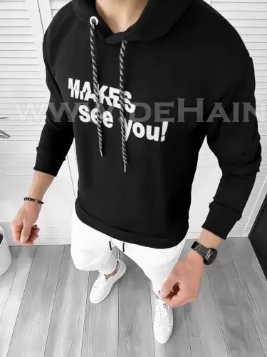 Hanorac barbati negru slim fit cu imprimeu pe spate K054 i19-2