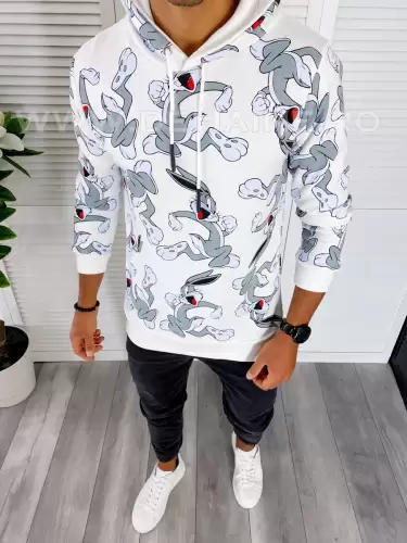 Hanorac barbati slim fit alb cu imprimeu K247 D3-1.4